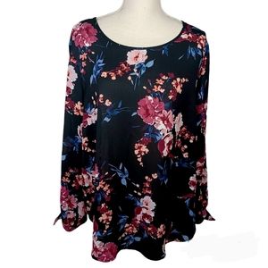 Alyx Floral Blouse Plus Size 1X Black -Long Sleeve Twist Tie Cuffs -Semi Sheer